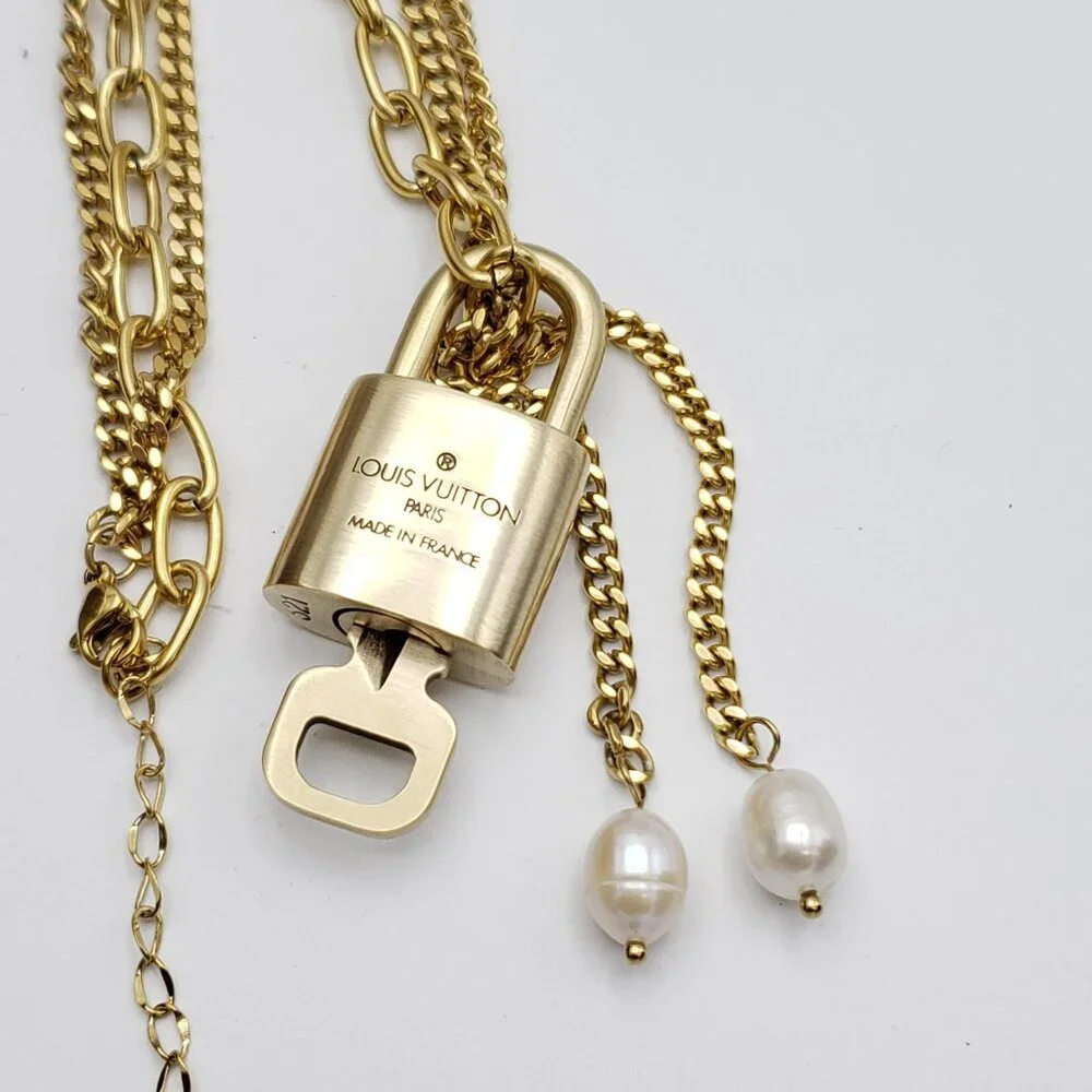 Stainless Steel Gold-Plated Necklace with Authentic Louis Vuitton Padlock